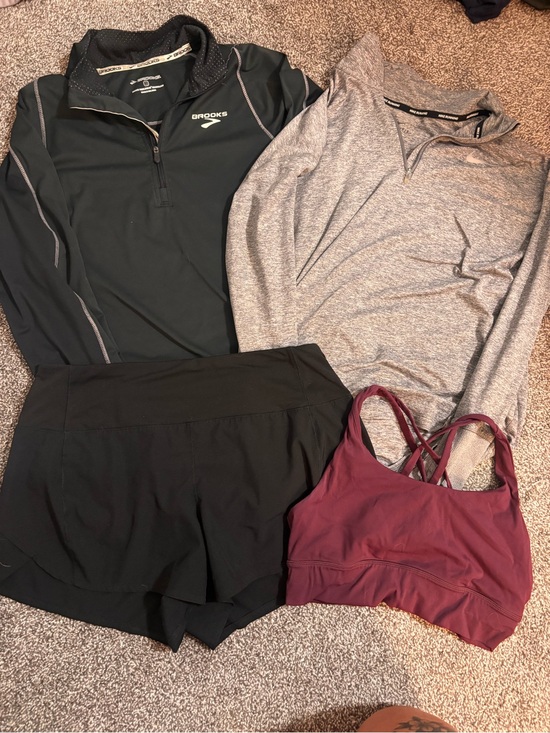 Brooks Tops - Brooks Black Quarter-Zip, Gray Heather Top & Burgundy Sports Bra Set